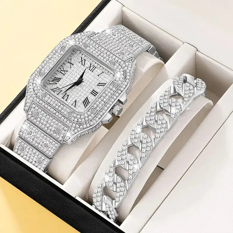 Set of two silver diamond women’s watches by Lamp Post with elegant round faces and bracelet straps.