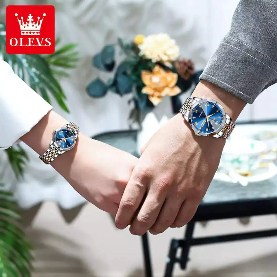 Pair of Lamp Post couple watches with matching leather straps and classic round faces, perfect for couples.