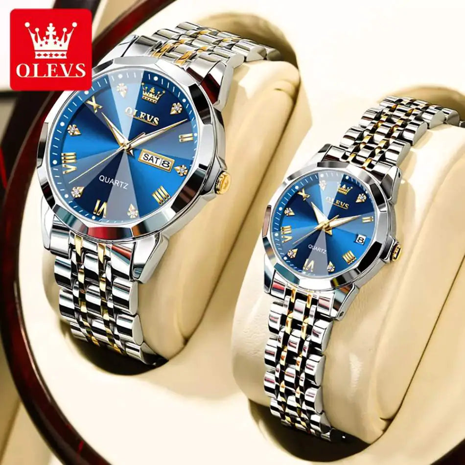 Silver and blue couple watch set by Lamp Post featuring matching wristwatches for couples.