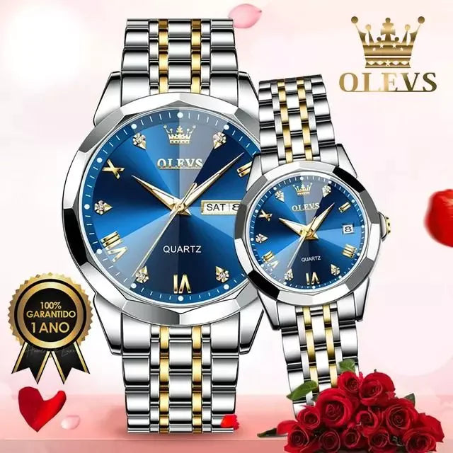 Silver and blue couple watch set by Lamp Post featuring matching designs for partners, displayed on a white background.