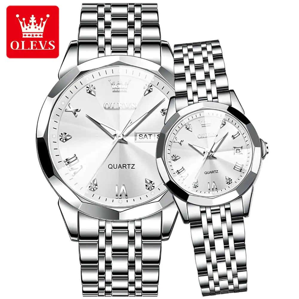 Silver and blue couple watch set by Lamp Post featuring matching wristwatches for partners.