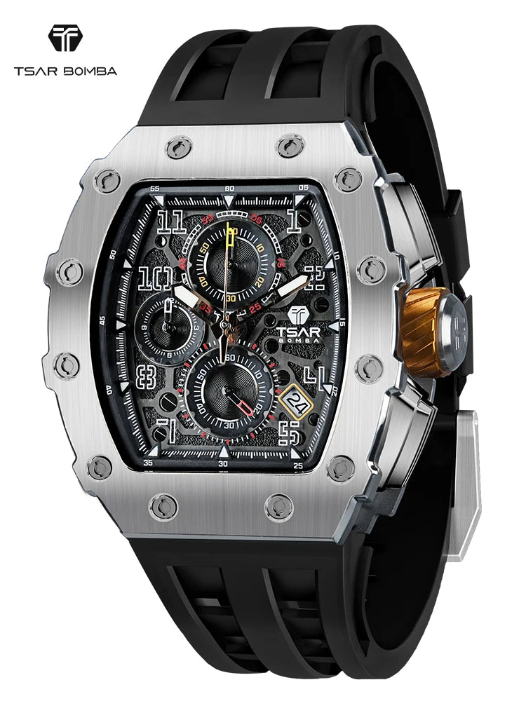 Men’s luxury Tonneau waterproof stainless steel watch by Lamp Post, featuring a rectangular black and silver design.