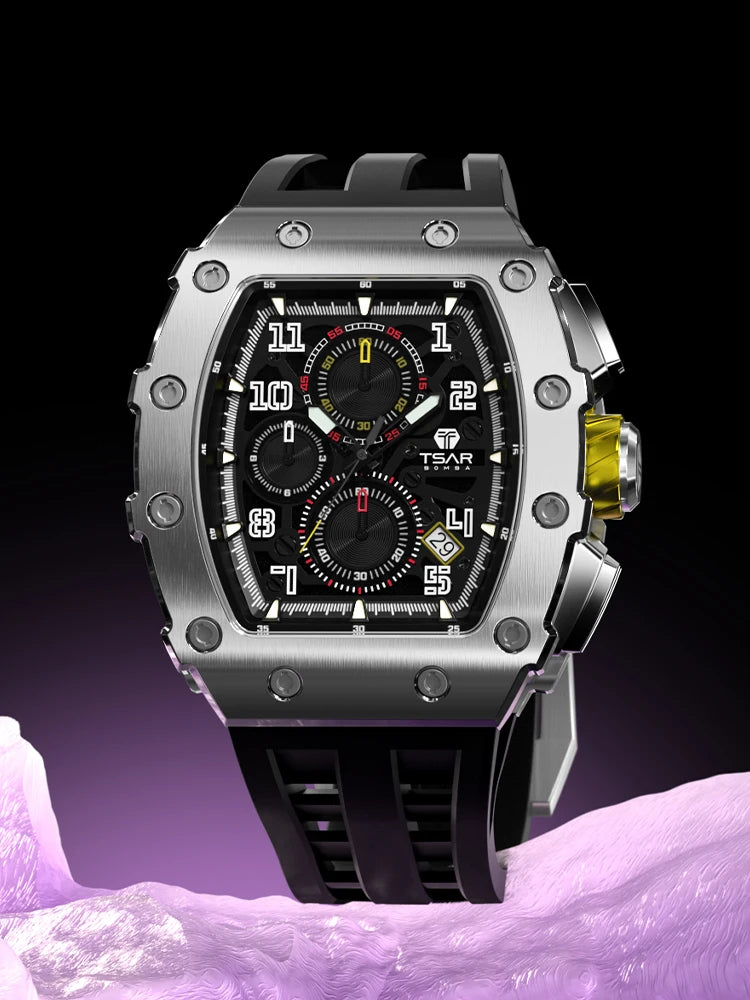 Men's luxury Tonneau waterproof stainless steel rectangular watch by Lamp Post, with a silver and black design and elegant fashion style.