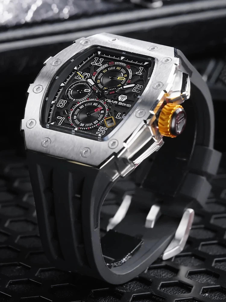 Men’s luxury Tonneau waterproof stainless steel rectangular watch by Lamp Post, featuring a silver and black design.