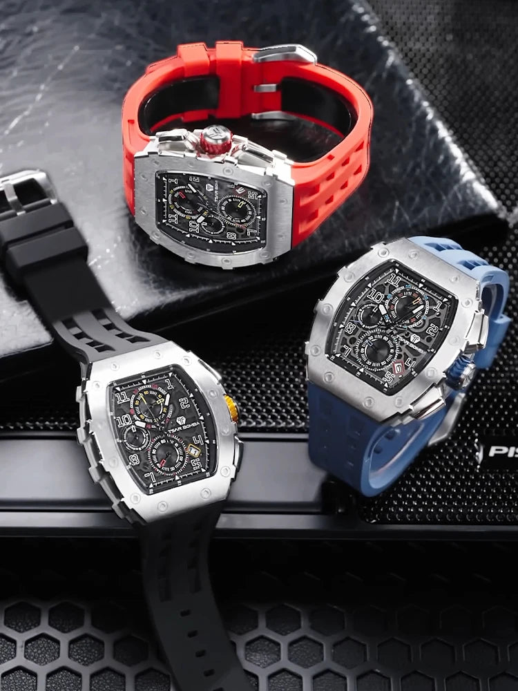 Men’s luxury Tonneau waterproof stainless steel watch by Lamp Post featuring a rectangular black and silver fashion timepiece.