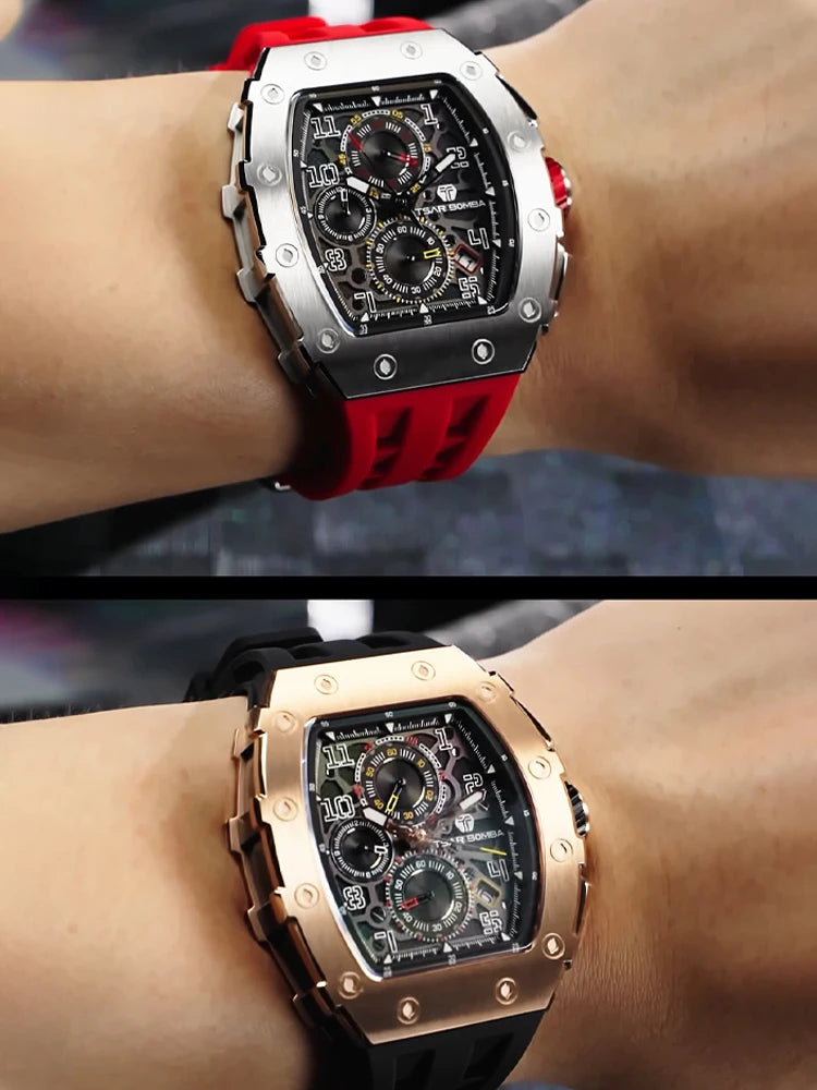 Men’s luxury Tonneau waterproof stainless steel rectangular watch by Lamp Post, featuring a silver and black design.