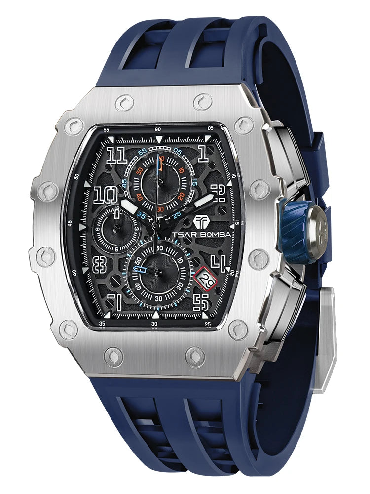Men’s luxury Tonneau waterproof stainless steel rectangular watch by Lamp Post, featuring a silver and black design.