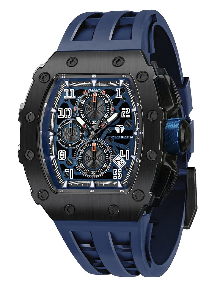 Men’s luxury Tonneau waterproof stainless steel rectangular watch by Lamp Post with a silver and black design.
