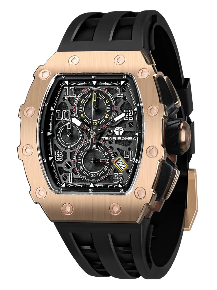 Men’s luxury Tonneau waterproof stainless steel rectangular watch by Lamp Post, with a silver and black dial and elegant design.