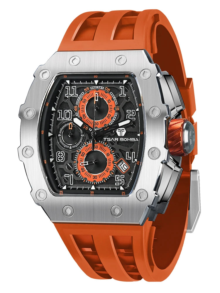 Men’s luxury Tonneau waterproof stainless steel rectangular watch by Lamp Post, featuring a sleek silver and black design.