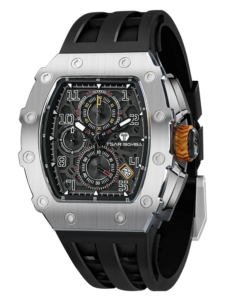 Men’s luxury Tonneau watch by Lamp Post featuring waterproof stainless steel rectangular case and black dial.