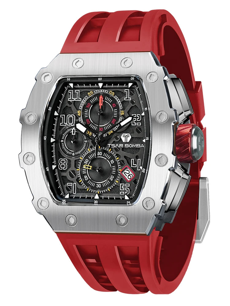 Men's luxury Tonneau waterproof stainless steel rectangular watch by Lamp Post, featuring a sleek silver and black design.
