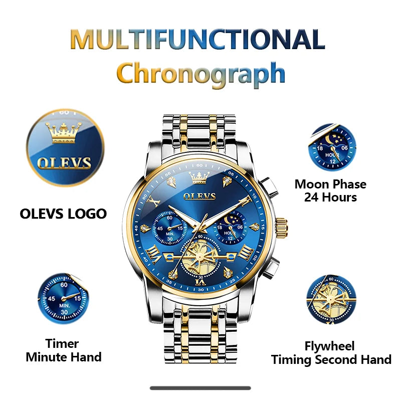 Men’s silver and blue multifunction chronograph watch by Lamp Post showing moon phase, 24-hour time, and waterproof design.