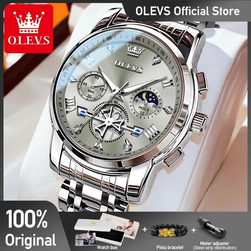 Silver men's multifunction chronograph watch by Lamp Post with moon phase, 24-hour dial, quartz movement, and waterproof design.