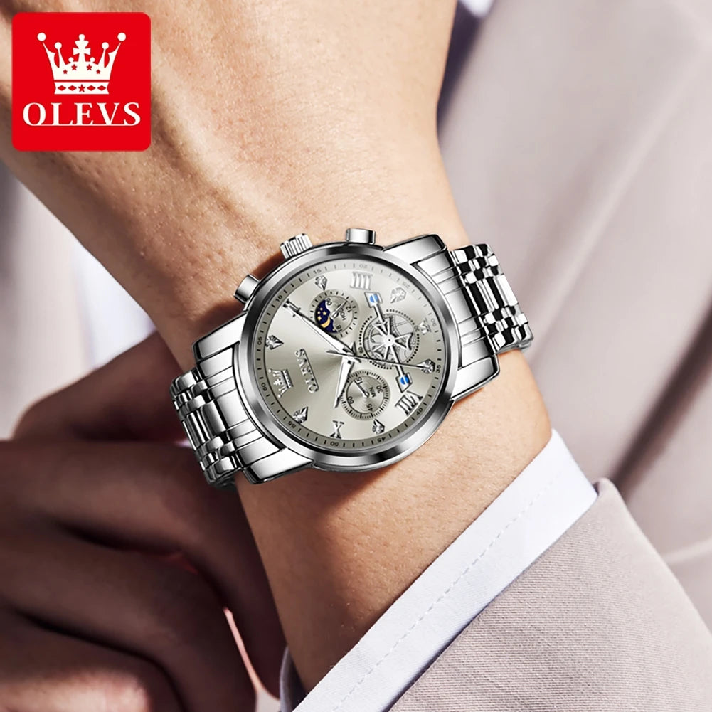 Men’s silver and blue multifunction chronograph watch by Lamp Post with moon phase, 24-hour display, and waterproof design.