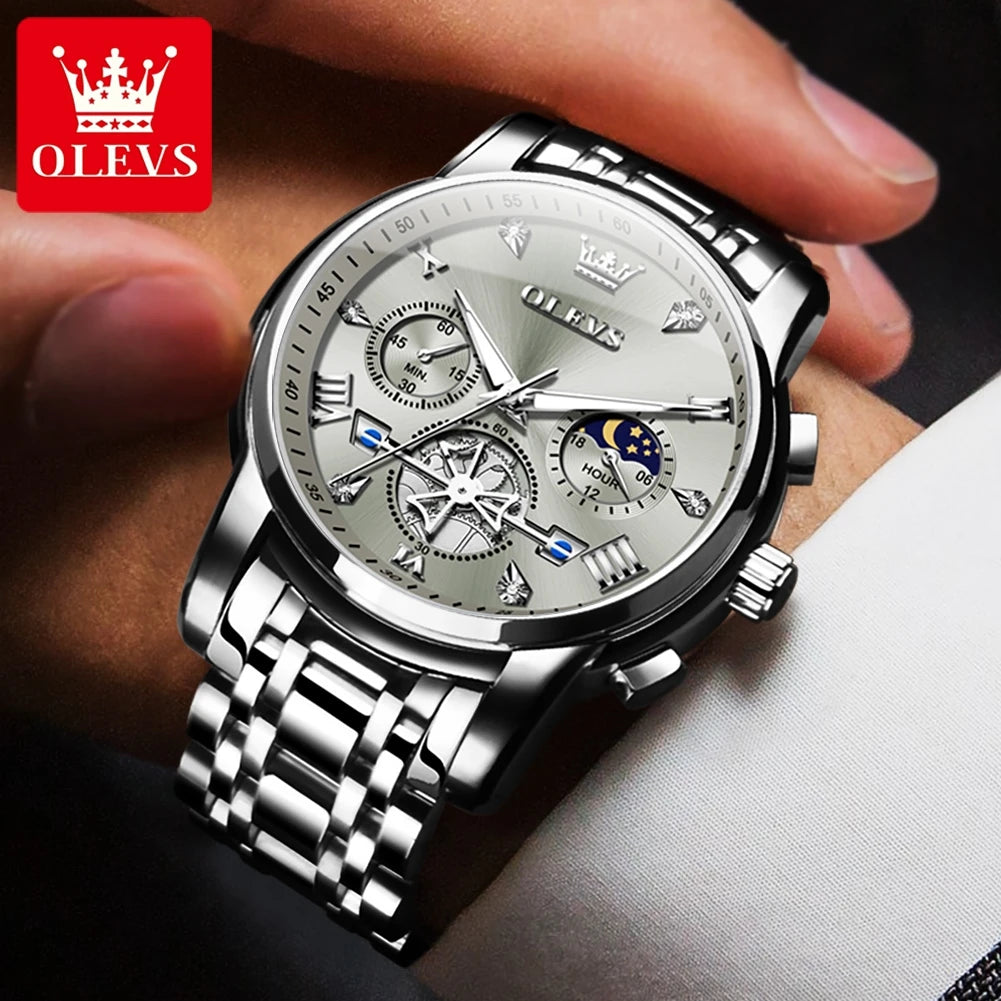 Men’s silver and blue multifunction chronograph watch by Lamp Post with moon phase, 24-hour display, and waterproof design.