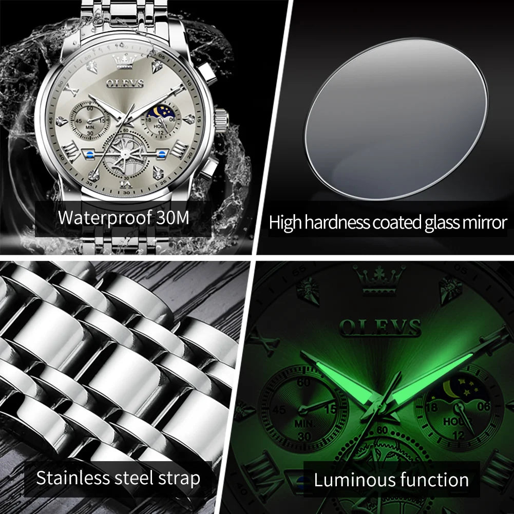 Silver men's Lamp Post classic multifunction chronograph watch with moon phase, 24-hour display, and waterproof quartz movement.