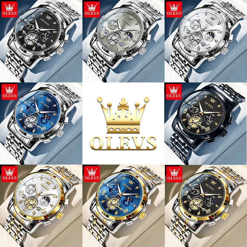 Men’s silver and blue Lamp Post classic multifunction chronograph watch with moon phase, 24-hour display, and waterproof design.