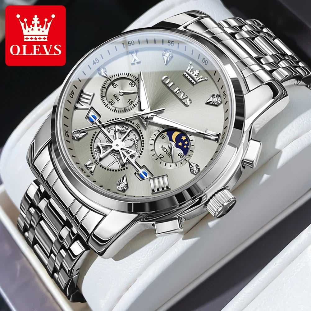 Lamp Post men's silver and blue multifunction chronograph watch with moon phase, 24-hour display, and waterproof design.