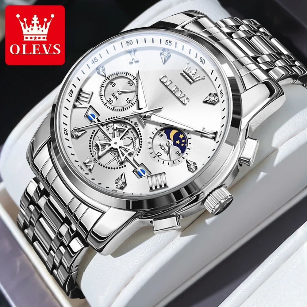 Silver men's multifunction chronograph watch by Lamp Post with moon phase, 24-hour display, and waterproof design.