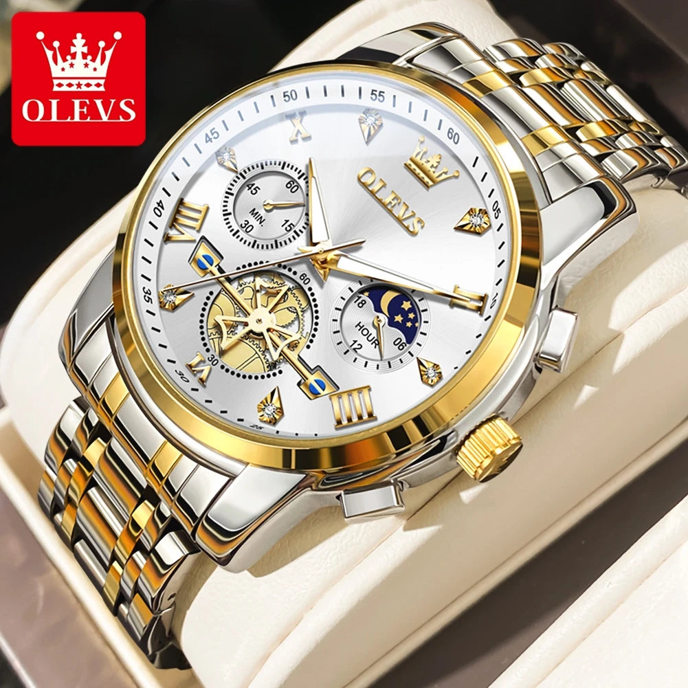 Men’s silver and blue multifunction chronograph watch by Lamp Post with moon phase, 24-hour display, and waterproof design.