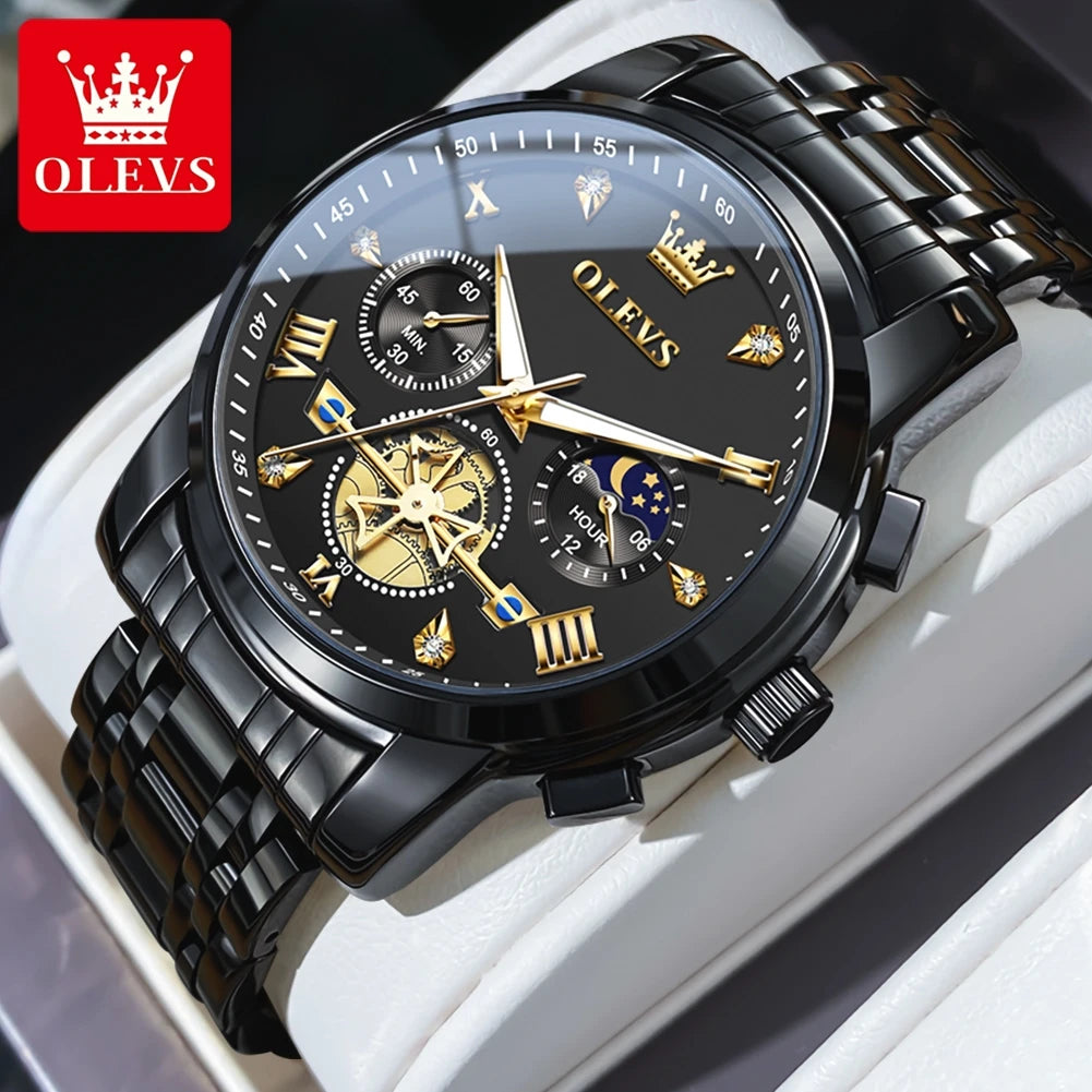 Men’s silver and blue multifunction chronograph watch by Lamp Post with moon phase, 24-hour display, and waterproof design.