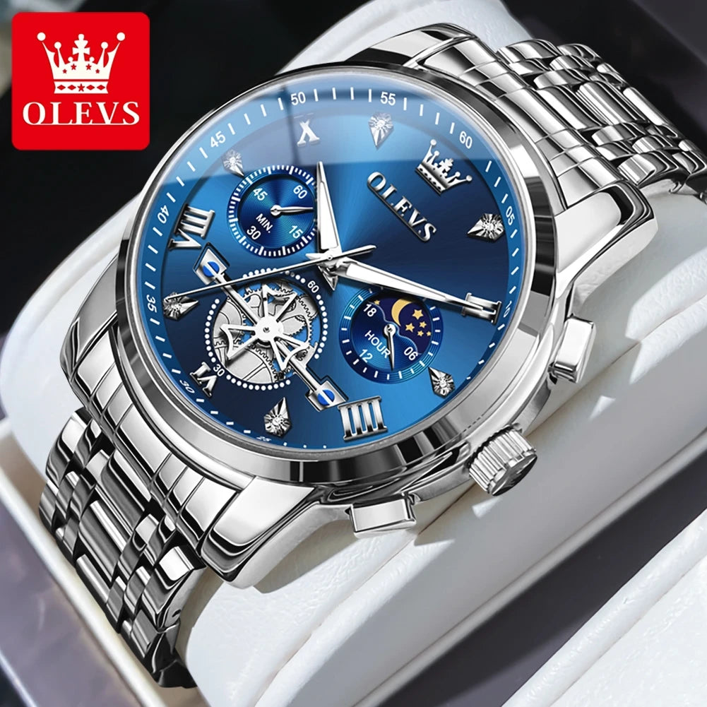 Men’s silver and blue multifunction chronograph watch by Lamp Post with moon phase, 24-hour display, and waterproof design.