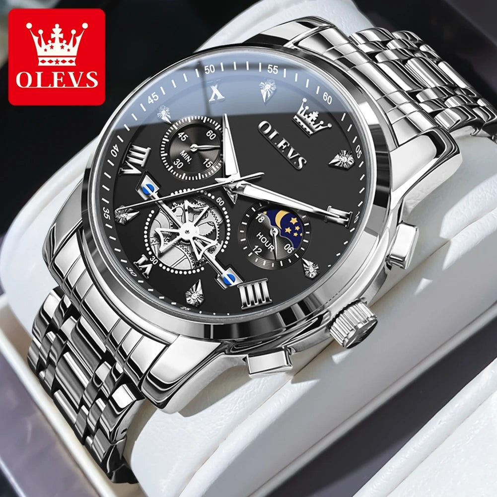 Men’s silver and blue multifunction chronograph watch by Lamp Post with moon phase, 24-hour display, quartz movement, waterproof design.