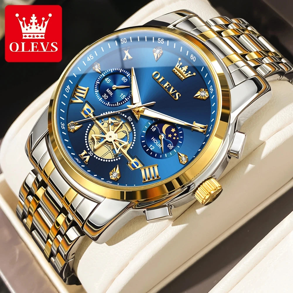 Men’s silver and blue multifunction chronograph watch by Lamp Post with moon phase, 24-hour display, and waterproof design.
