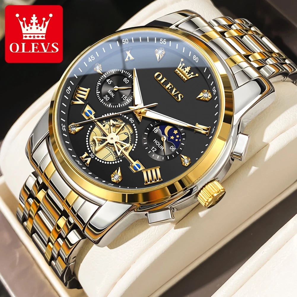 Men’s silver and blue multifunction chronograph watch with moon phase, 24-hour display, and waterproof design by Lamp Post.