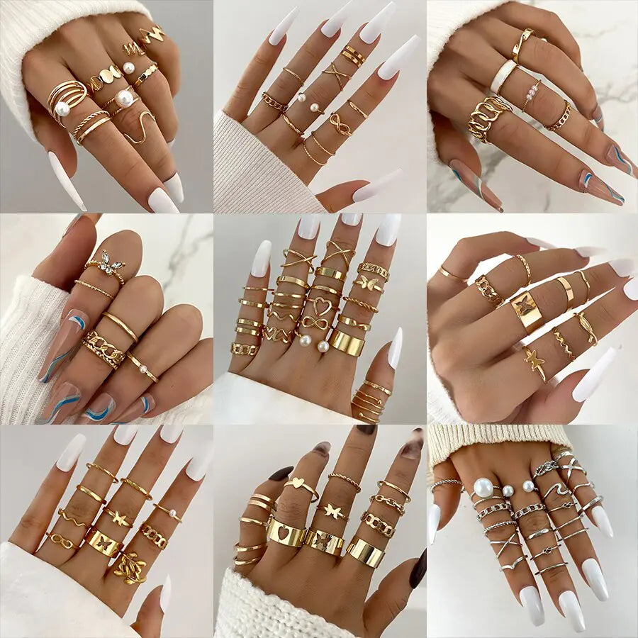 Set of ten silver women's rings from Lamp Post, featuring various stylish band designs in a jewelry collection.