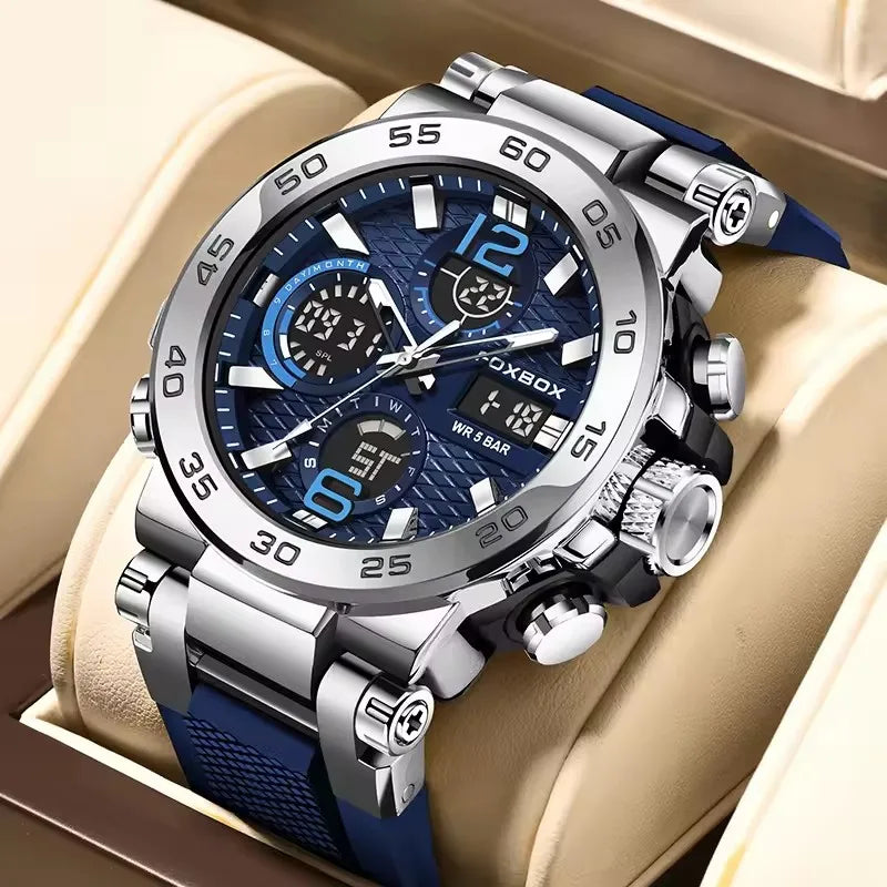 Silver-blue LED display men's sport watch by Lamp Post featuring luminous, waterproof design and calendar quartz movement.