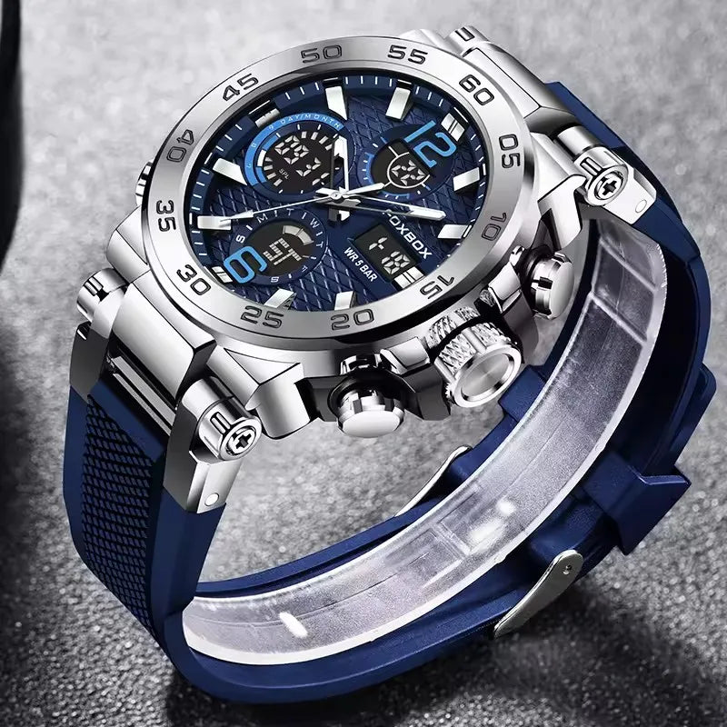 Silver and blue LED display men's sport watch by Lamp Post featuring luminous, waterproof design and calendar quartz functions.