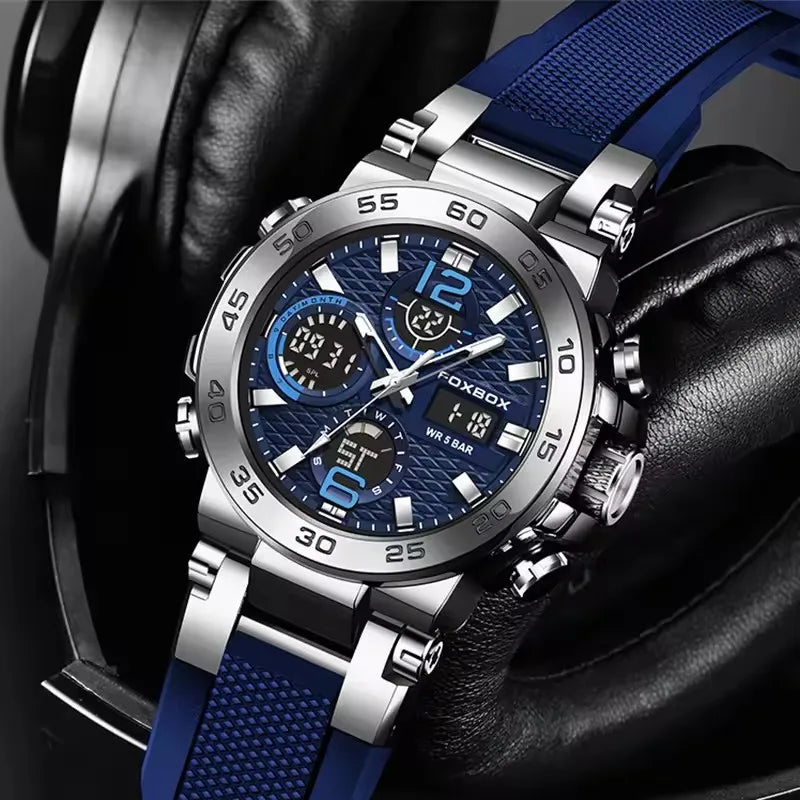 Silver and blue LED display men's sport watch by Lamp Post, waterproof quartz wristwatch with luminous features and calendar display