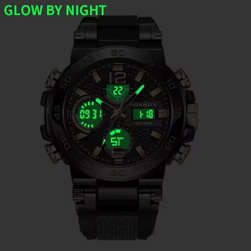 Silver and blue LED display men's sport watch by Lamp Post with luminous, waterproof design and calendar quartz features.