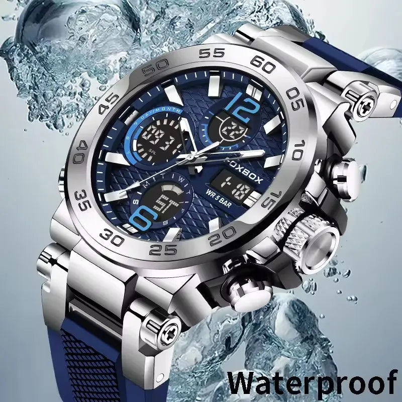 Silver blue LED display men's sport watch by Lamp Post with luminous, waterproof design and calendar quartz movement.