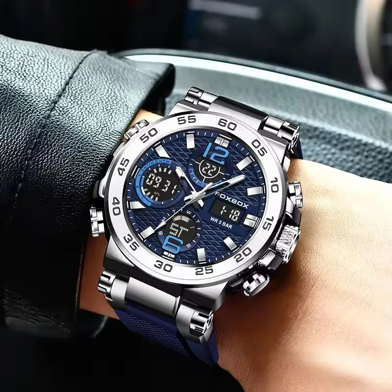 Silver and blue LED display men's sport watch by Lamp Post with luminous, waterproof calendar and quartz movement.