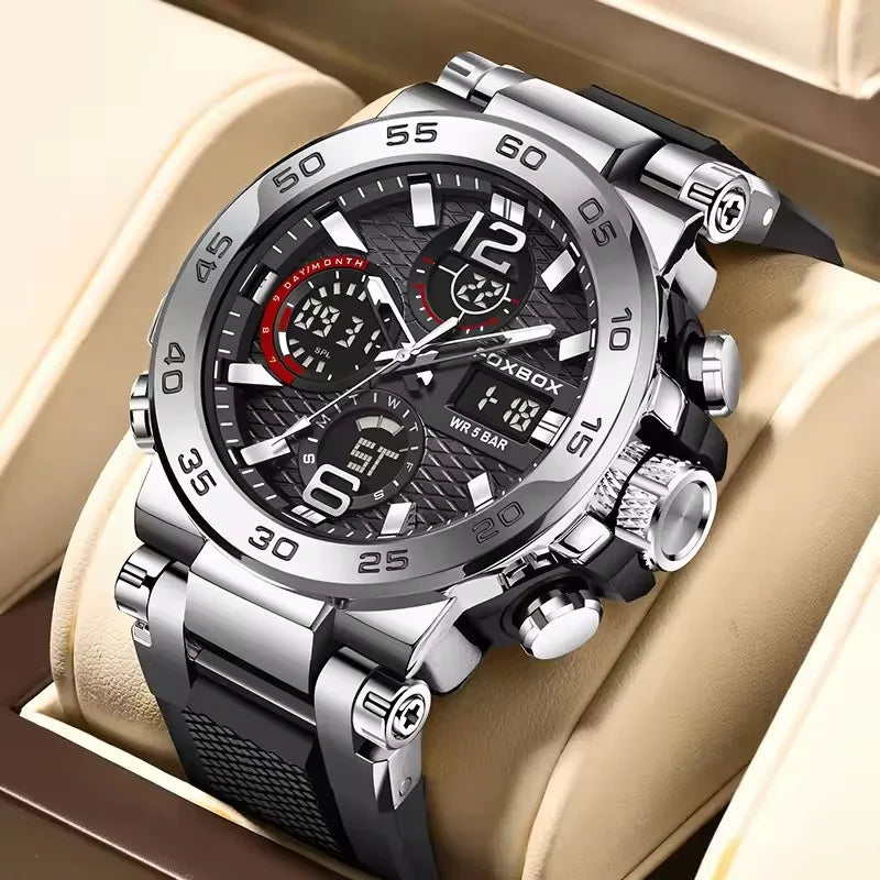 Silver and blue LED display men's sport watch by Lamp Post, waterproof quartz wristwatch with luminous dial and calendar features.