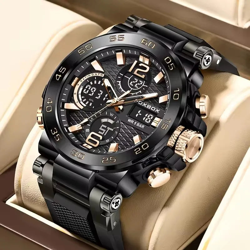 Silver and blue LED display men's sport watch by Lamp Post with luminous, waterproof design and calendar quartz features.