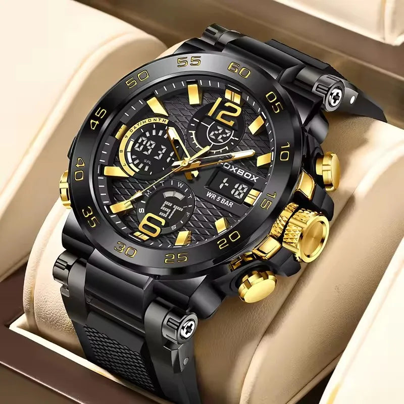 Silver and blue LED display men's sport watch by Lamp Post with luminous, waterproof design and calendar quartz features.