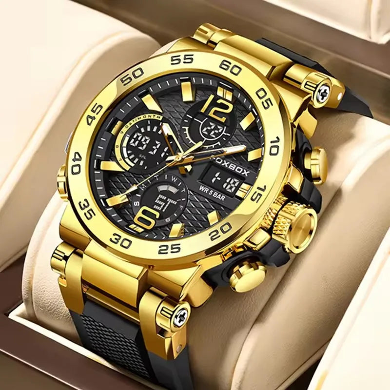 Silver and blue LED display men's sport watch by Lamp Post, waterproof quartz wristwatch with luminous dial and calendar features.