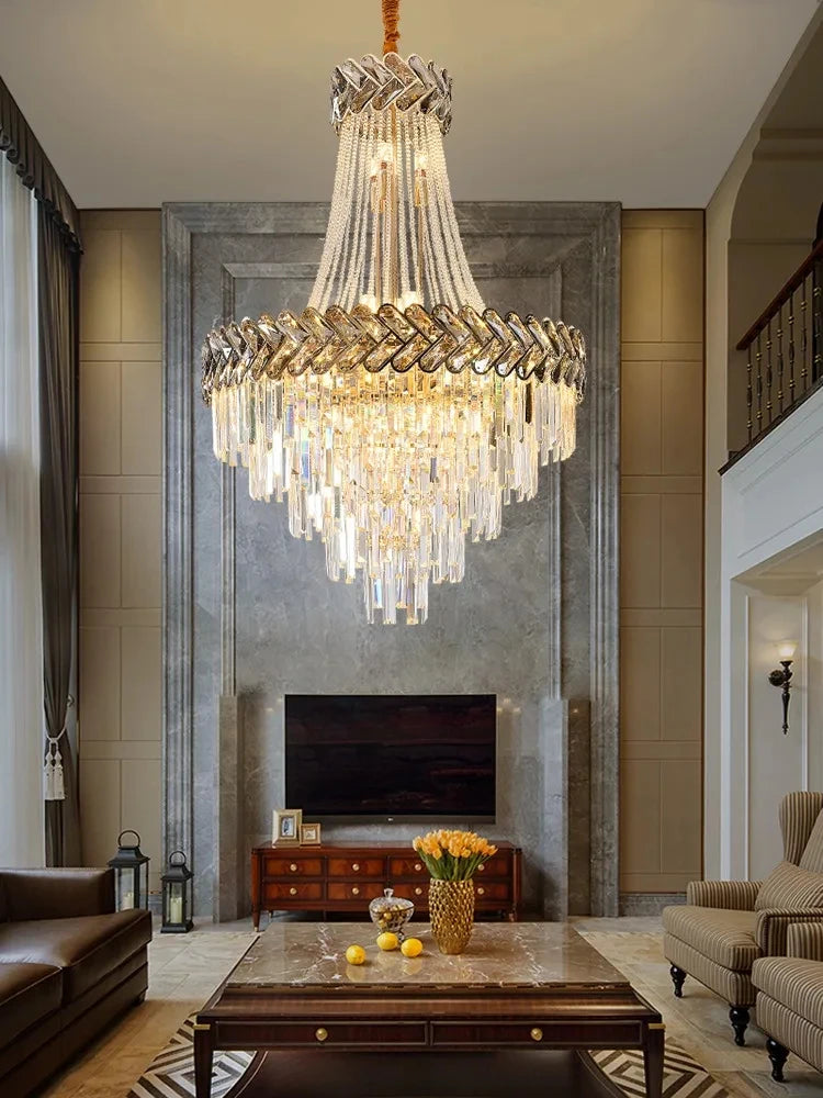 Nordic modern luxury K9 crystal chandelier with smoky grey finish, 100cm diameter, designed for living rooms by Lamp Post.