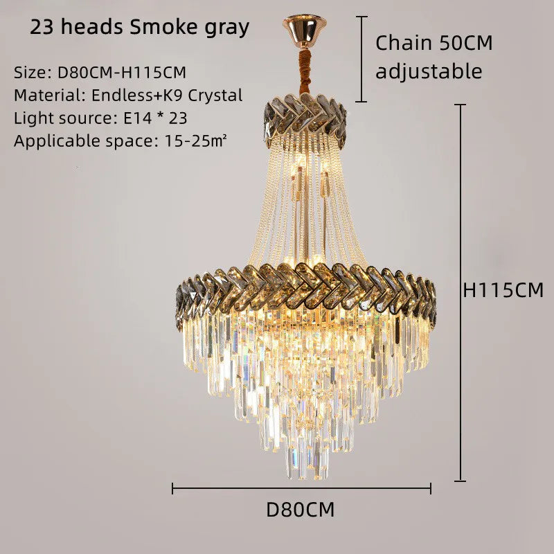Smoky grey Nordic modern luxury K9 crystal chandelier by Lamp Post, 100cm, perfect for living room lighting.