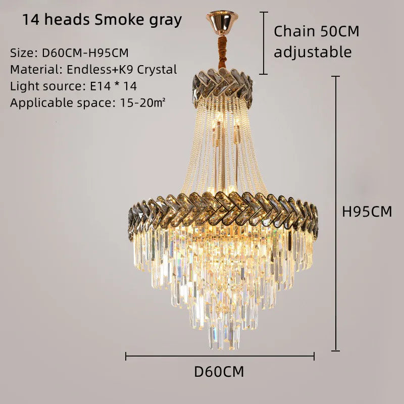 Nordic modern luxury K9 crystal chandelier in smoky grey with cold white light, 100cm diameter, ideal for living room decor.