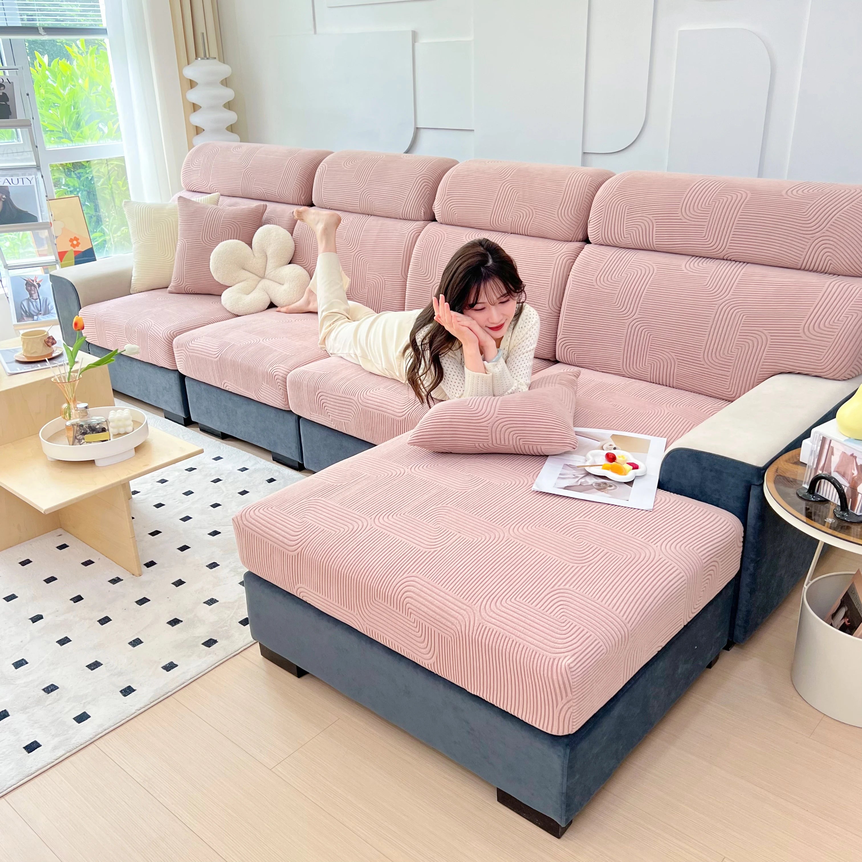 Lamp Post sofa seat cushion cover for living room, protective sofa cover in color 06, fits L-shaped sofa seat cushions.