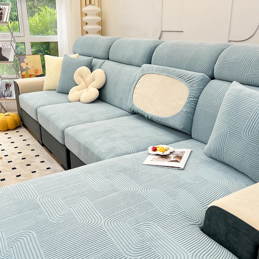 Lamp Post sofa seat cushion cover in color 06, designed for living room protection, fits L-shaped sofa seats, fabric protector.