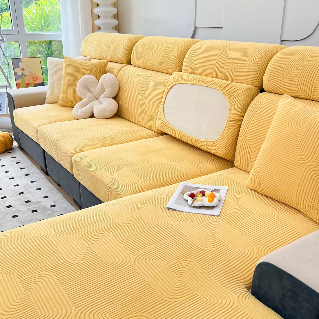 Lamp Post sofa seat cushion cover for living room, protector sofa cover in color 06, fits L-shaped sofas, back view.