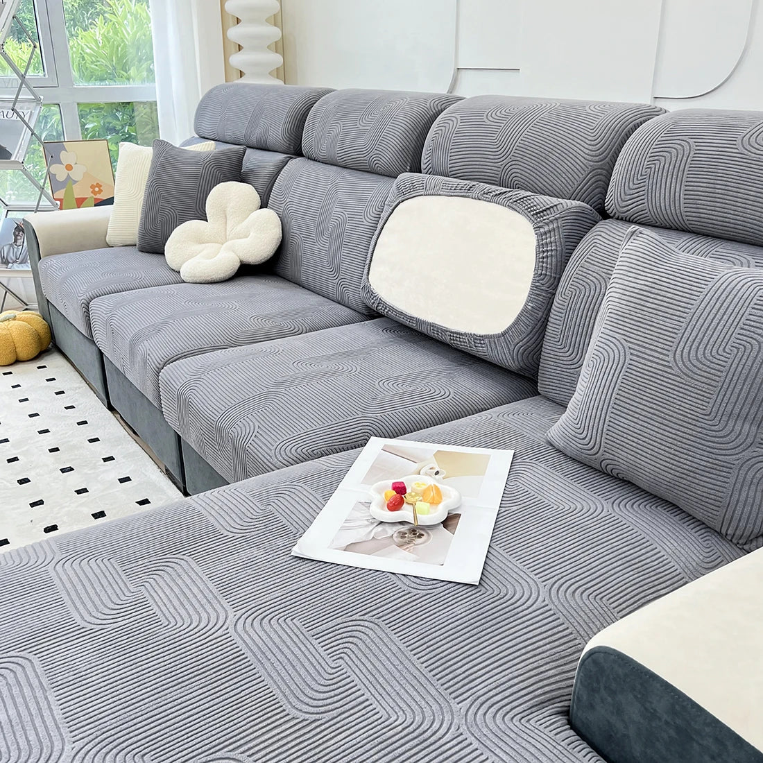 Lamp Post sofa seat cushion cover in color 06, protects and refreshes living room sofa cushions with a durable fabric.