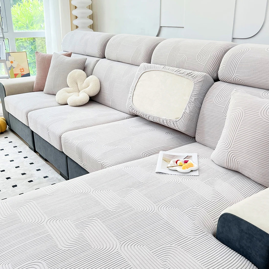 Lamp Post sofa seat cushion cover in color 06, protective sofa cover for living room, fits L-shaped sofa seats.