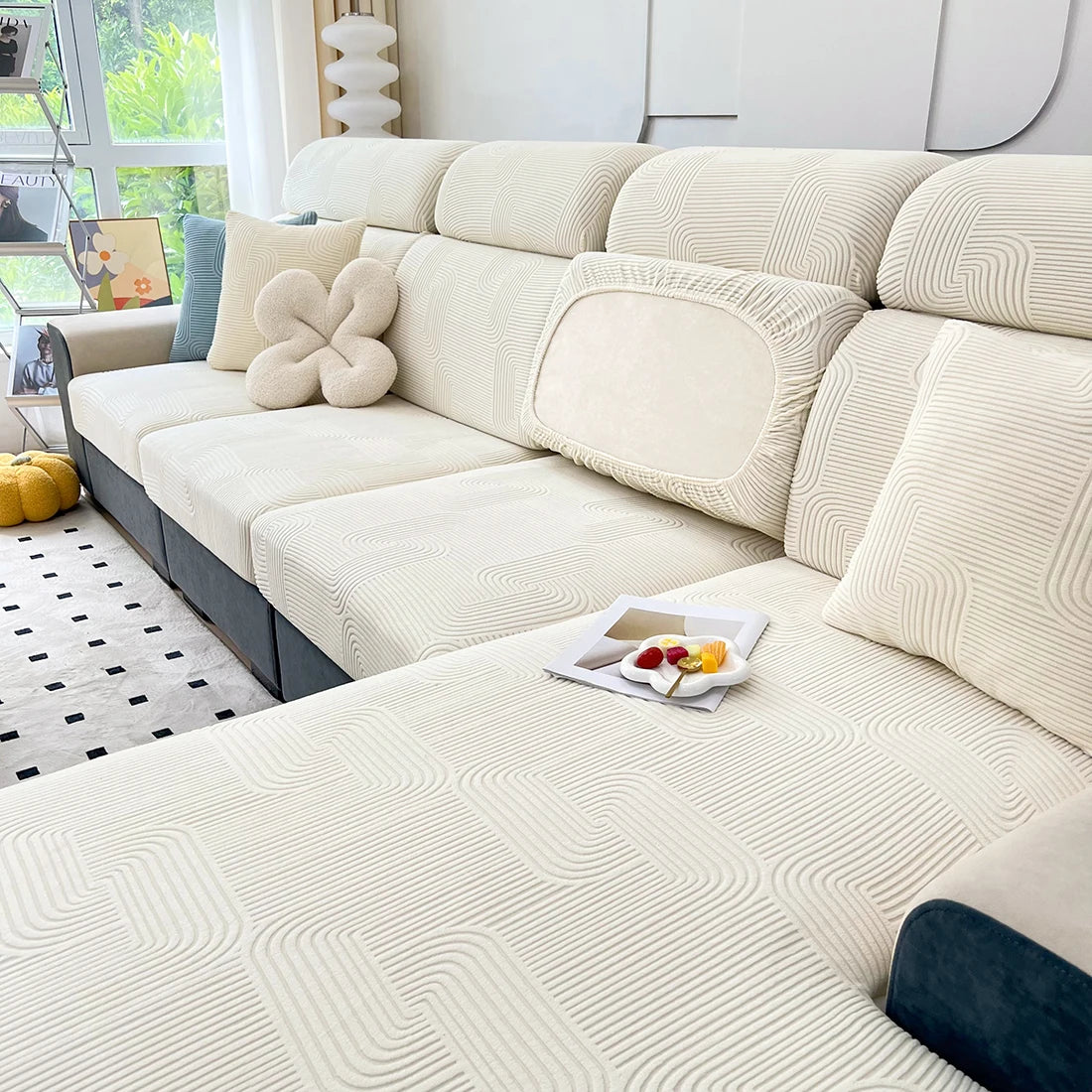 Lamp Post sofa seat cushion cover for living room, protective fabric slipcover fitting L-shaped sofas, in color 06.